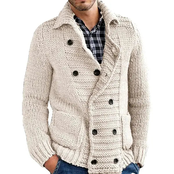 Men Double Breasted Cardigan Shawl Collar Sweater Coat Cable Knitted Button Down Slim Fit Plain Cardigans Tops - 23290