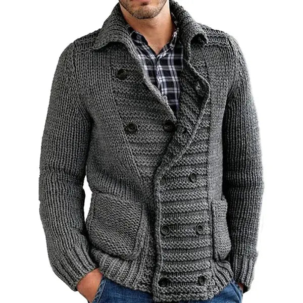 Men Double Breasted Cardigan Shawl Collar Sweater Coat Cable Knitted Button Down Slim Fit Plain Cardigans Tops - 23290