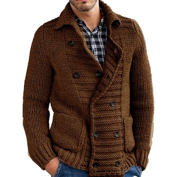 Men Double Breasted Cardigan Shawl Collar Sweater Coat Cable Knitted Button Down Slim Fit Plain Cardigans Tops - 23290