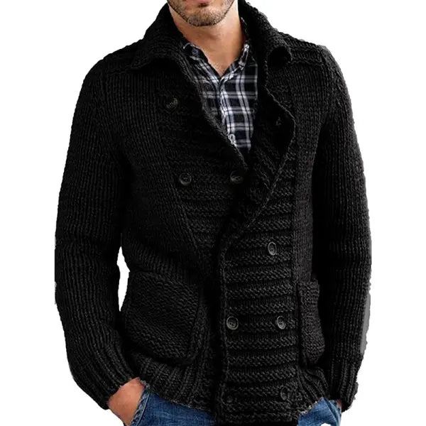 Men Double Breasted Cardigan Shawl Collar Sweater Coat Cable Knitted Button Down Slim Fit Plain Cardigans Tops - 23290