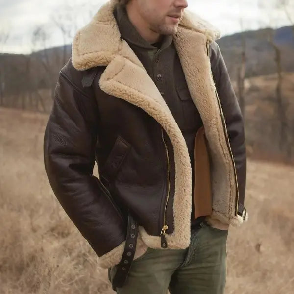 Men's Outdoor Vintage Thick Fleece PU Jacket - 23291