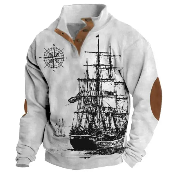 Men's Sweatshirt Vintage Nautical Sailing Compass Stand Collar Buttons Colorblock Daily Tops - 23296