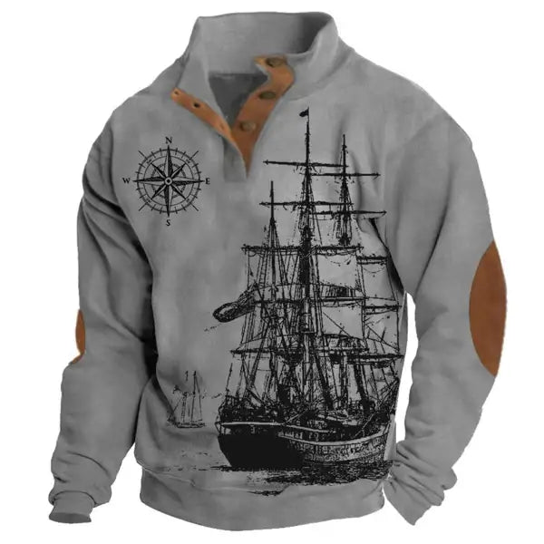 Men's Sweatshirt Vintage Nautical Sailing Compass Stand Collar Buttons Colorblock Daily Tops - 23296