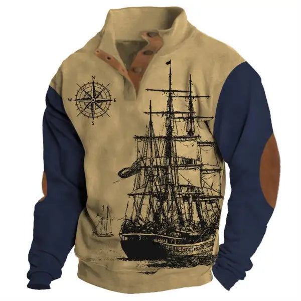 Men's Sweatshirt Vintage Nautical Sailing Compass Stand Collar Buttons Colorblock Daily Tops - 23296