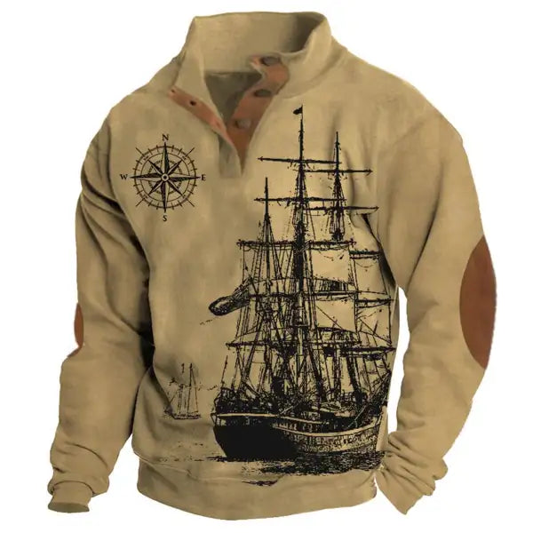 Men's Sweatshirt Vintage Nautical Sailing Compass Stand Collar Buttons Colorblock Daily Tops - 23296