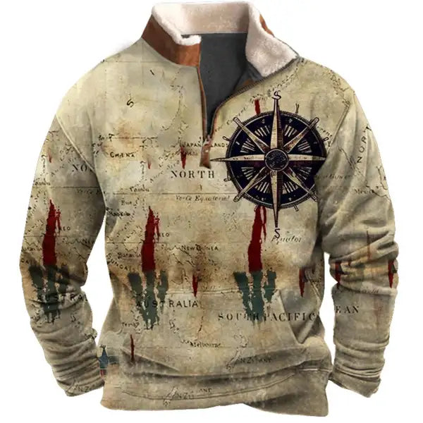 Men's Sweatshirt Quarter Zip Nautical Map Compass Plush Collar Vintage Daily Tops - 23298