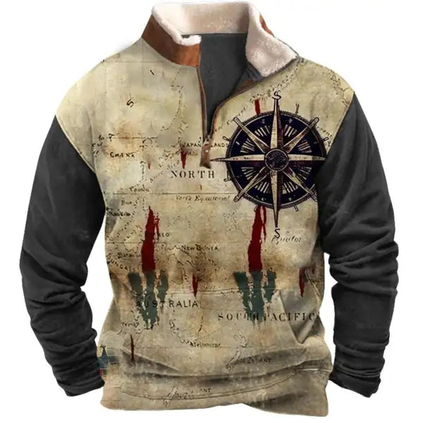 Men's Sweatshirt Quarter Zip Nautical Map Compass Plush Collar Vintage Daily Tops - 23298