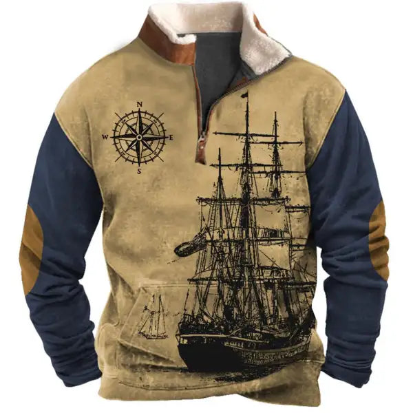 Men's Sweatshirt Quarter Zip Nautical Sailing Compass Plush Collar Vintage Daily Tops - 23299