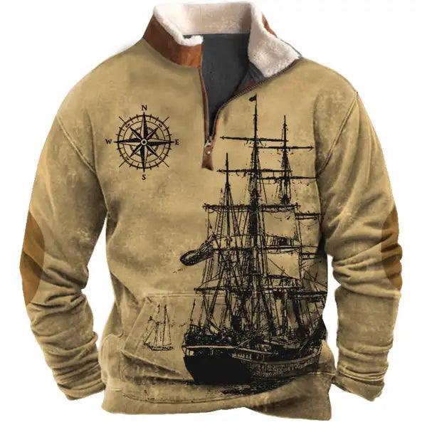 Men's Sweatshirt Quarter Zip Nautical Sailing Compass Plush Collar Vintage Daily Tops - 23299