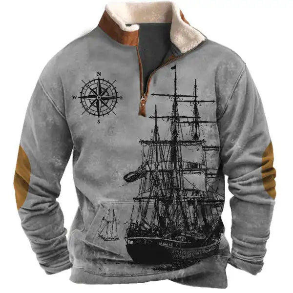 Men's Sweatshirt Quarter Zip Nautical Sailing Compass Plush Collar Vintage Daily Tops - 23299