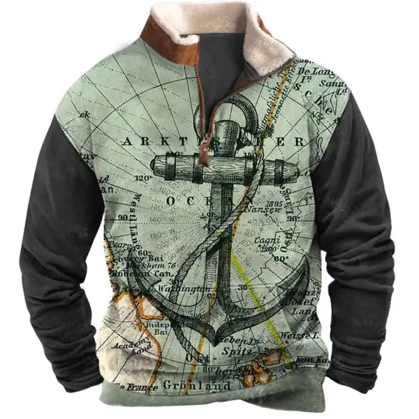 Men's Sweatshirt Quarter Zip Nautical Map Anchor Plush Collar Vintage Daily Tops - 23300