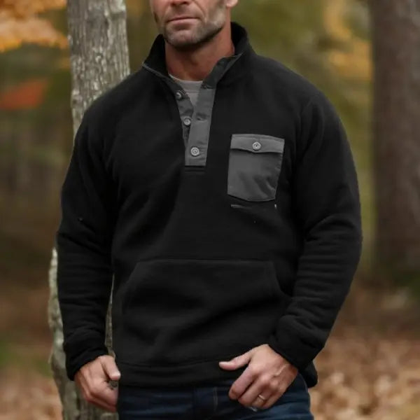 Men's Outdoor Tactical Pocket Warm Button Stand Collar Sweatshirt - 23301