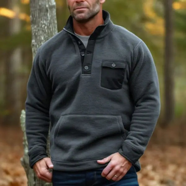 Men's Outdoor Tactical Pocket Warm Button Stand Collar Sweatshirt - 23301