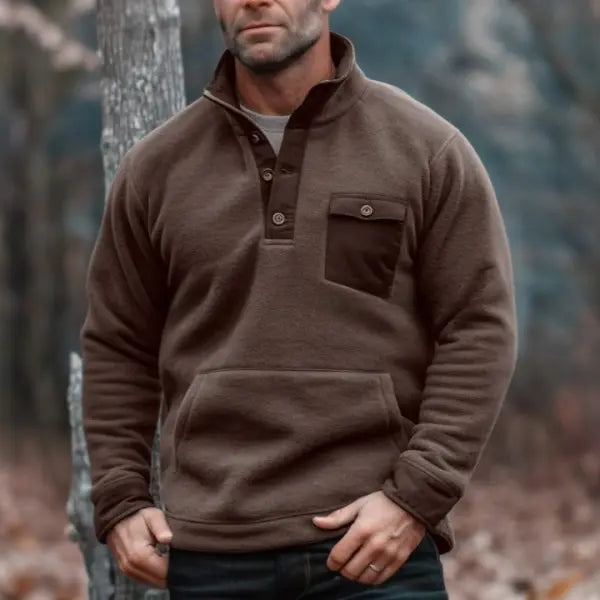 Men's Outdoor Tactical Pocket Warm Button Stand Collar Sweatshirt - 23301