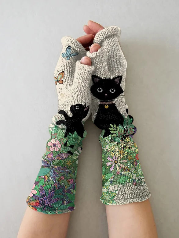 RETRO CAT CASUAL PRINT KNIT FINGERLESS GLOVES - WM23014