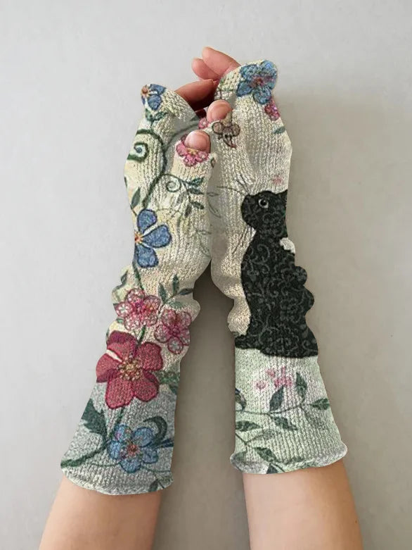 RETRO CAT CASUAL PRINT KNIT FINGERLESS GLOVES - WM23015