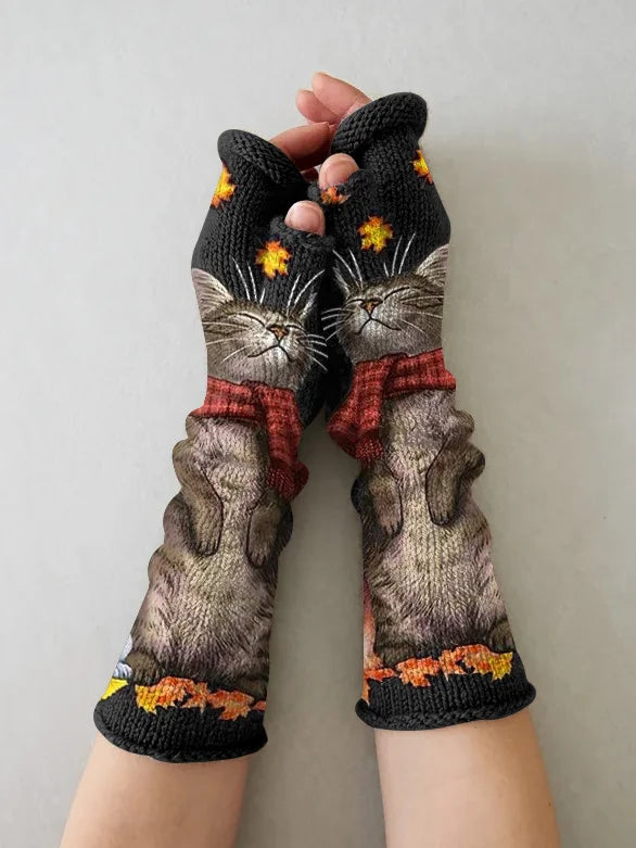 RETRO CAT CASUAL PRINT KNIT FINGERLESS GLOVES - WM23016