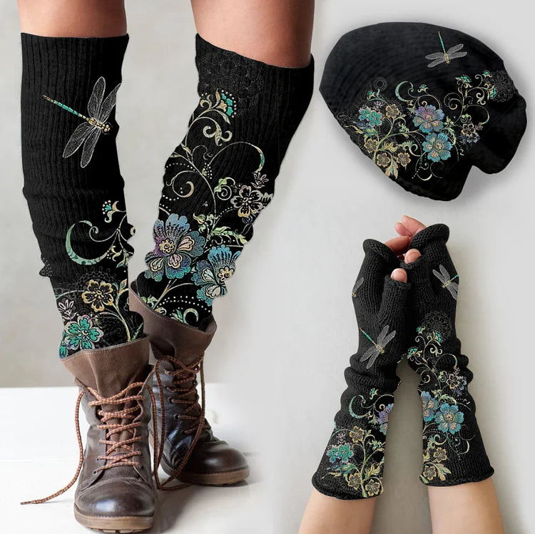 VINTAGE DRAGONFLY FLORAL PRINT KNITTED HAT +LEG WARMERS + FINGERLESS GLOVES SET(3 PIECES) - WM23017