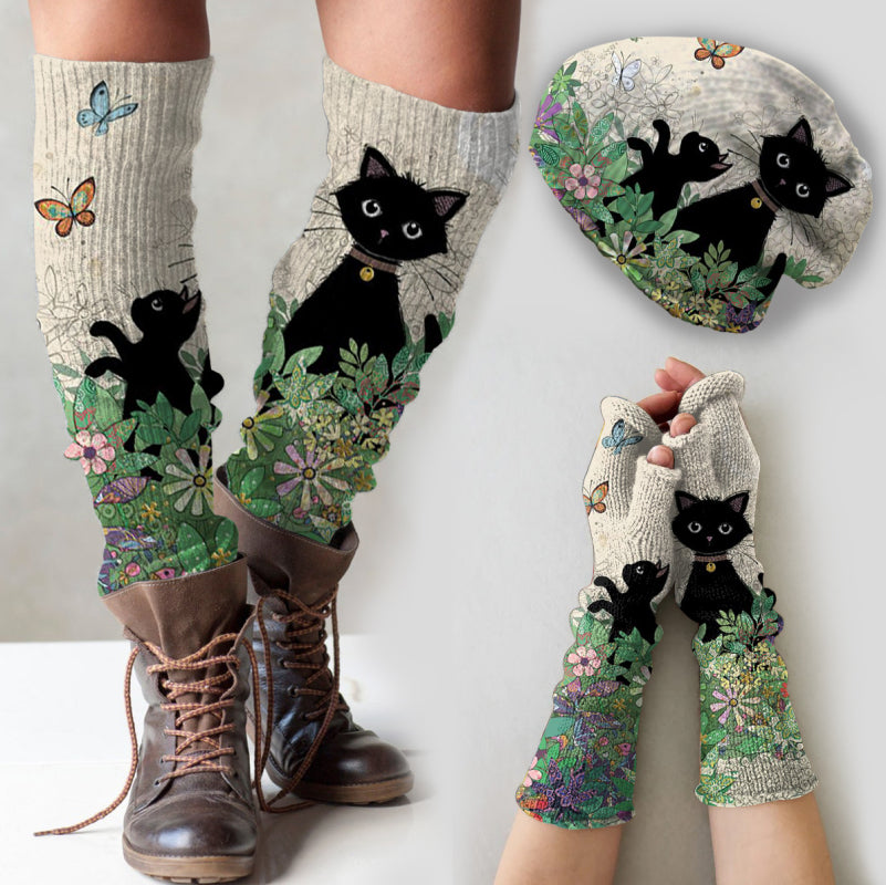 VINTAGE CAT PRINT KNITTED HAT +LEG WARMERS + FINGERLESS GLOVES SET(3 PIECES) - WM23018