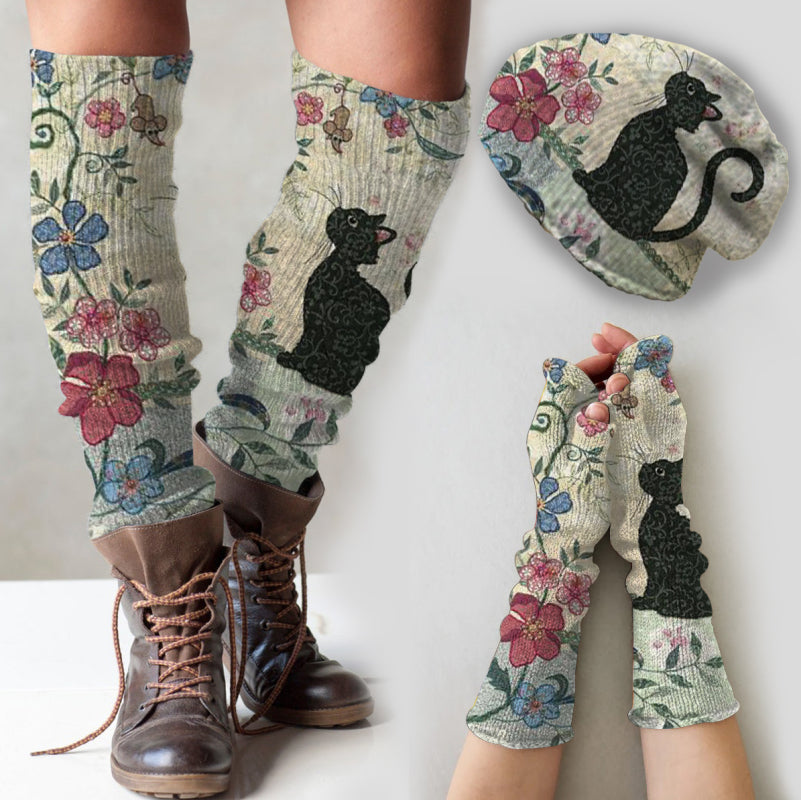 VINTAGE CAT PRINT KNITTED HAT +LEG WARMERS + FINGERLESS GLOVES SET(3 PIECES) - WM23020