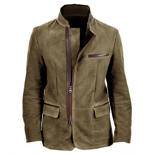 Men Vintage Suede Blazer Jackets Double Layer Lapel Fur Leather Collar ...