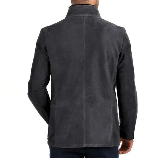 Men Vintage Stand Collar Suede Blazer Side Zip Fly Contrast Leather Webbing Medium Length Jacket Coats-23329