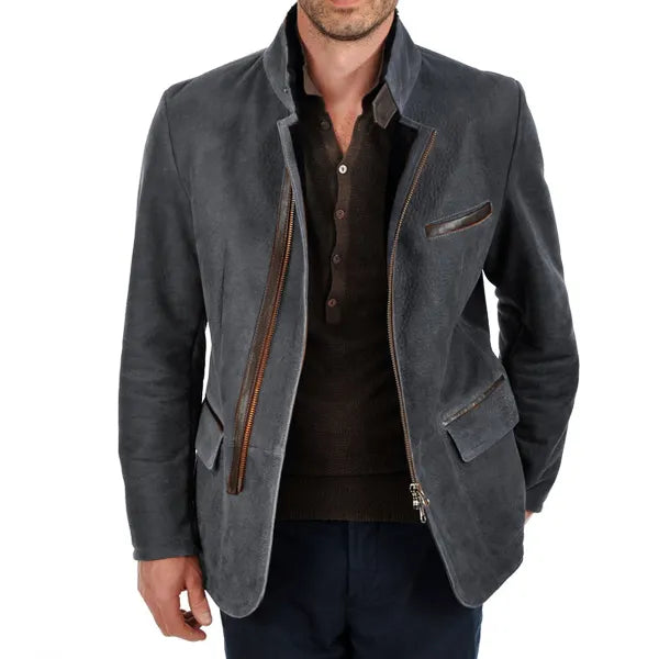 Men Vintage Stand Collar Suede Blazer Side Zip Fly Contrast Leather Webbing Medium Length Jacket Coats-23329