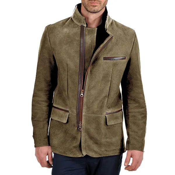 Men Vintage Stand Collar Suede Blazer Side Zip Fly Contrast Leather Webbing Medium Length Jacket Coats-23329