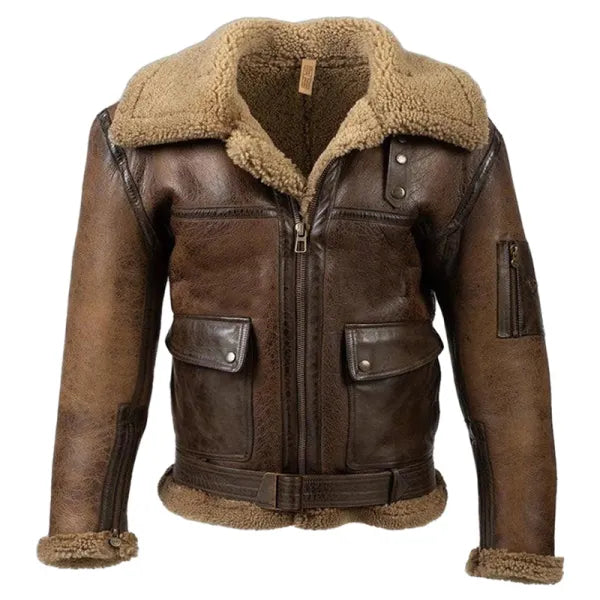 Men Vintage Distressed Real Fur RAF B3 Bomber Genuine Sheepskin Leather Jacket - 23330