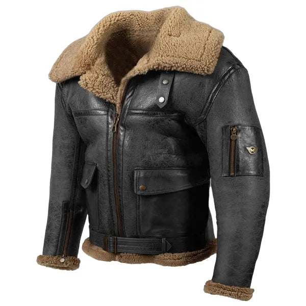 Men Vintage Distressed Real Fur RAF B3 Bomber Genuine Sheepskin Leather Jacket - 23330