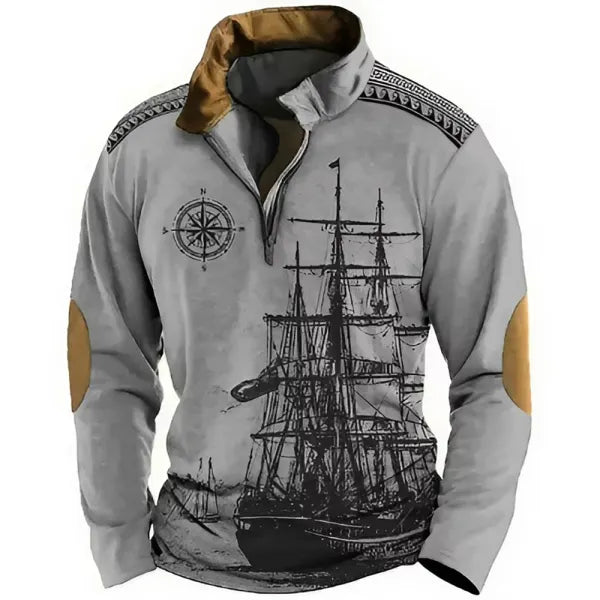 Men's Retro Nautical Sailing Compass Print Zipper Stand Collar Sweatshirt - 23335