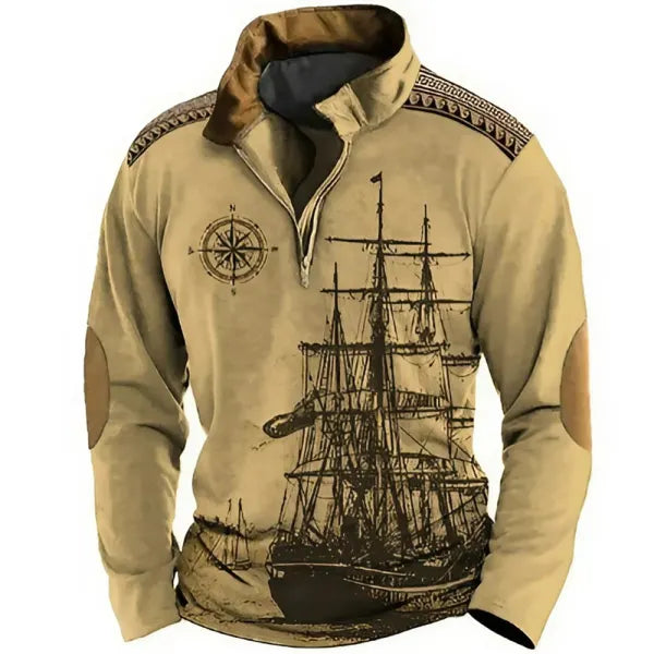 Men's Retro Nautical Sailing Compass Print Zipper Stand Collar Sweatshirt - 23335