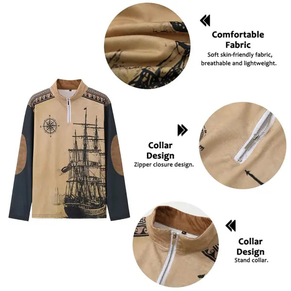 Men's Retro Nautical Sailing Compass Print Zipper Stand Collar Sweatshirt - 23335