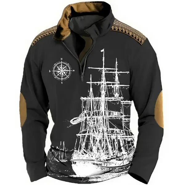 Men's Retro Nautical Sailing Compass Print Zipper Stand Collar Sweatshirt - 23335