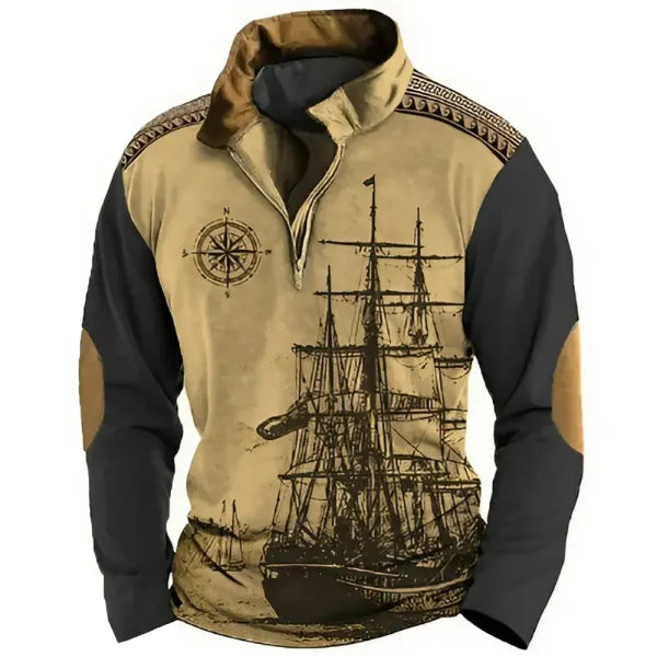 Men's Retro Nautical Sailing Compass Print Zipper Stand Collar Sweatshirt - 23335