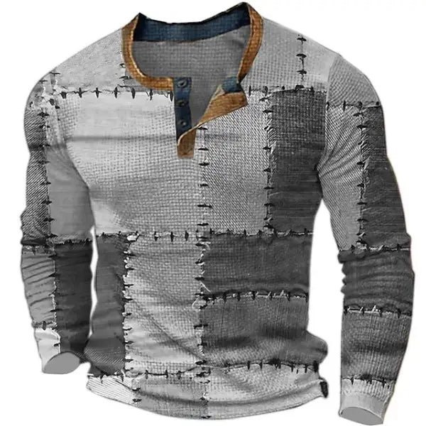 Men's Plaid Patchwork Print Henley Shirt Vintage T Shirt Sports Outdoor Long Sleeve Clothing - 23487