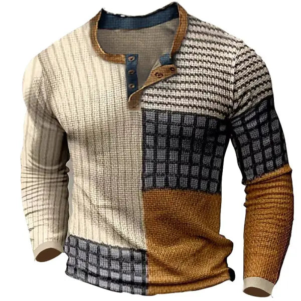 Men's Henley T-Shirt Vintage 3D Print Color Block Festival Holiday Plaid Striped Outdoor Long Sleeve Top - 23488