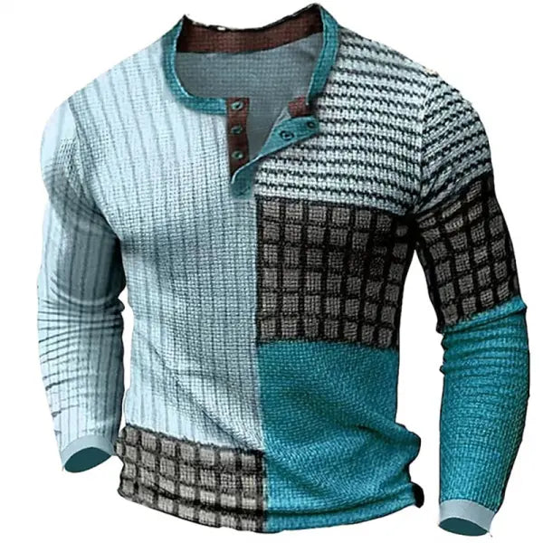 Men's Henley T-Shirt Vintage 3D Print Color Block Festival Holiday Plaid Striped Outdoor Long Sleeve Top - 23488