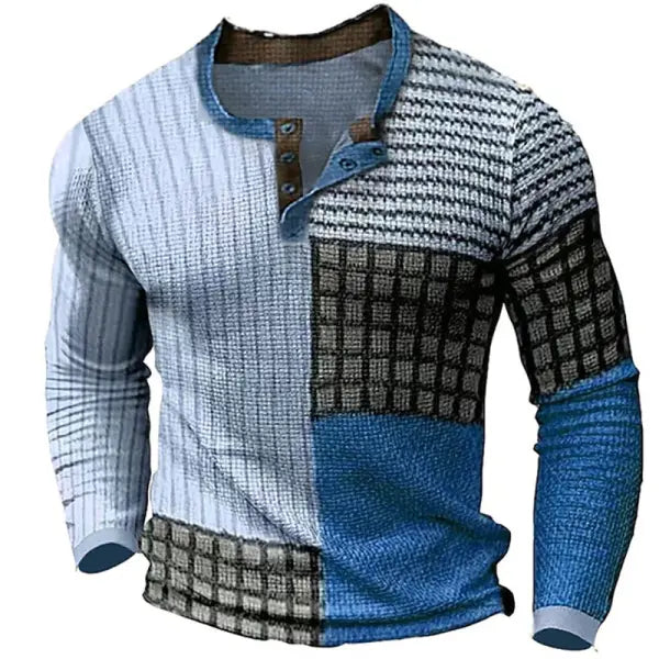 Men's Henley T-Shirt Vintage 3D Print Color Block Festival Holiday Plaid Striped Outdoor Long Sleeve Top - 23488