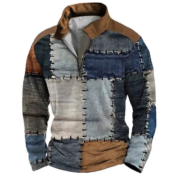 Mens Zip Stand Collar Sweatshirt Patchwork 3D Color Block Festival Print Sports Casual Outdoor Vacation Pullover - 23491