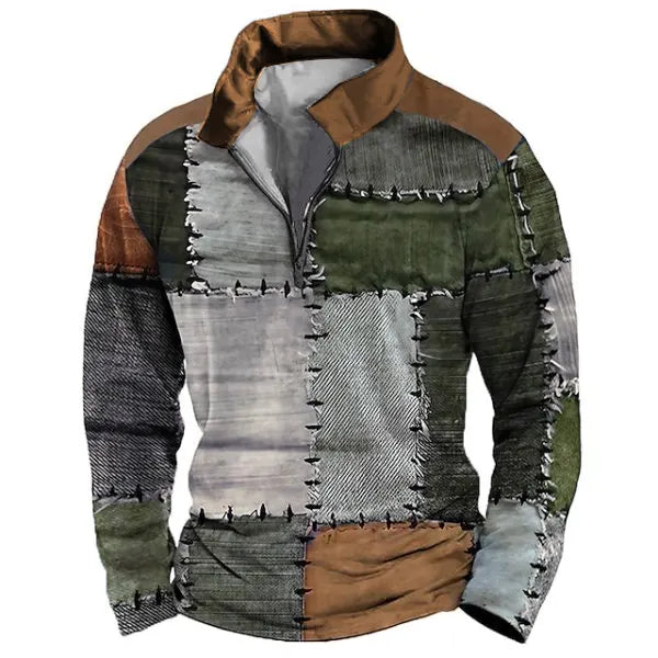 Mens Zip Stand Collar Sweatshirt Patchwork 3D Color Block Festival Print Sports Casual Outdoor Vacation Pullover - 23491