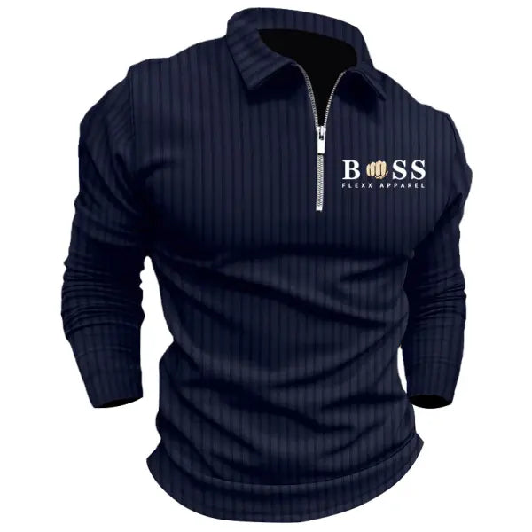 Men's Boss Polo Zip Shirt Stripe Long Sleeve Lapel T-Shirt Casual Fit Tops - 23492