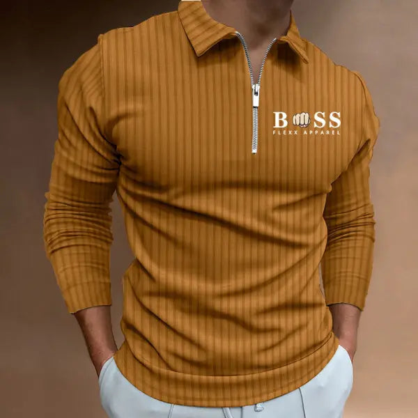 Men's Boss Polo Zip Shirt Stripe Long Sleeve Lapel T-Shirt Casual Fit Tops - 23492