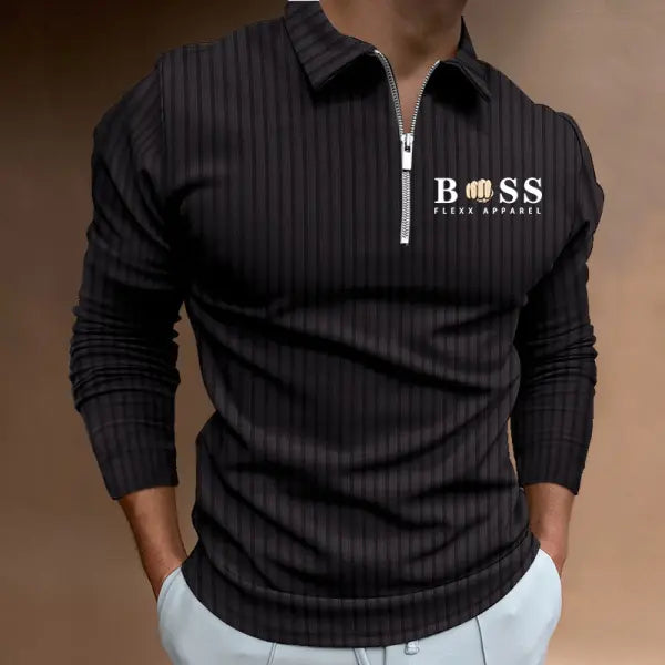 Men's Boss Polo Zip Shirt Stripe Long Sleeve Lapel T-Shirt Casual Fit Tops - 23492