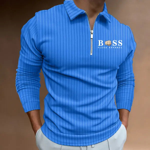 Men's Boss Polo Zip Shirt Stripe Long Sleeve Lapel T-Shirt Casual Fit Tops - 23492