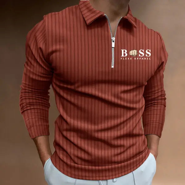 Men's Boss Polo Zip Shirt Stripe Long Sleeve Lapel T-Shirt Casual Fit Tops - 23492