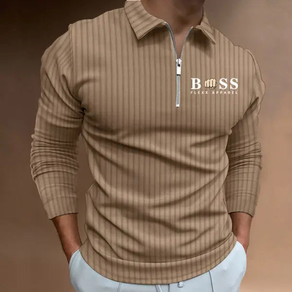 Men's Boss Polo Zip Shirt Stripe Long Sleeve Lapel T-Shirt Casual Fit Tops - 23492