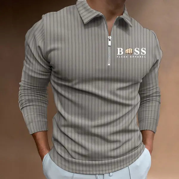 Men's Boss Polo Zip Shirt Stripe Long Sleeve Lapel T-Shirt Casual Fit Tops - 23492