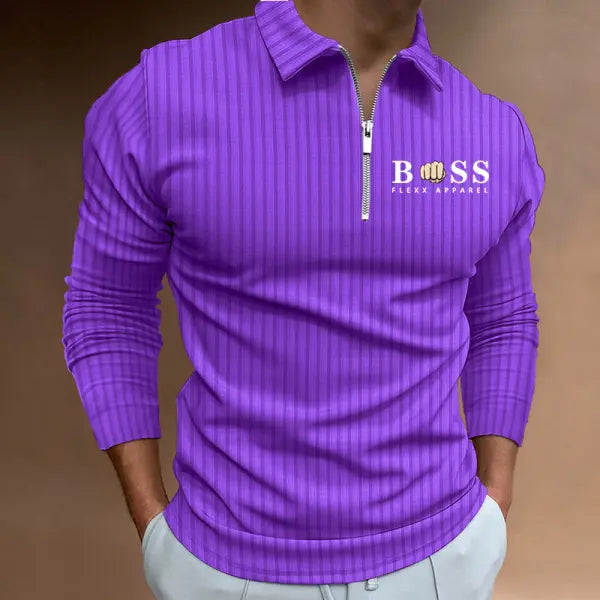 Men's Boss Polo Zip Shirt Stripe Long Sleeve Lapel T-Shirt Casual Fit Tops - 23492