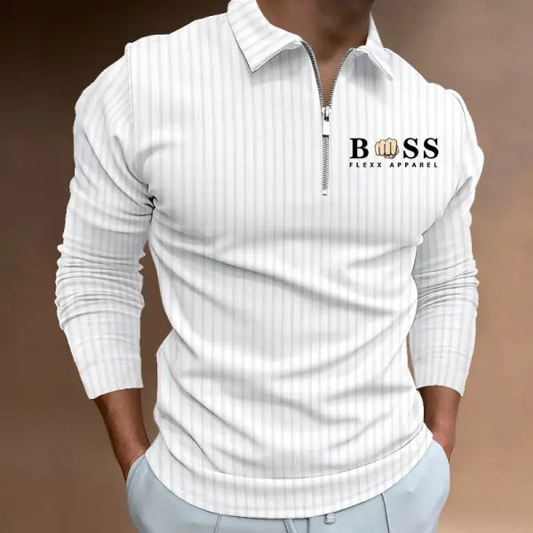 Men's Boss Polo Zip Shirt Stripe Long Sleeve Lapel T-Shirt Casual Fit Tops - 23492